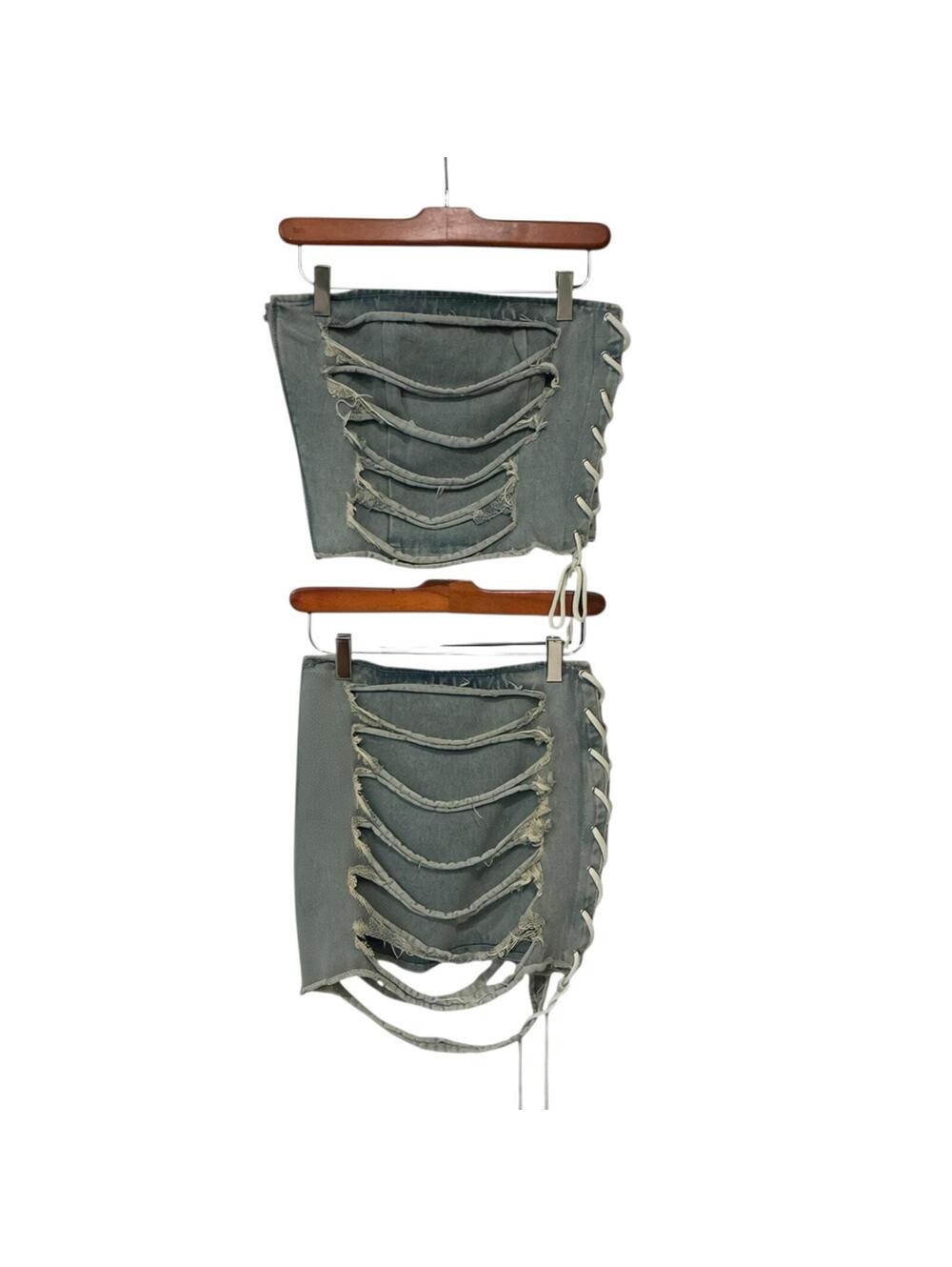 Mars The Label Distressed Lace-Up Denim Mini Skirt Size S